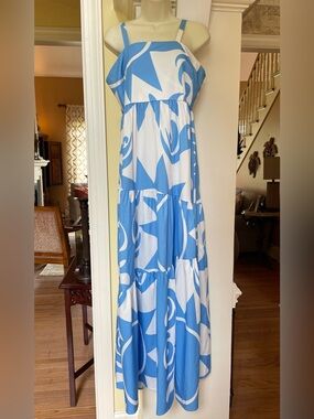 Charming Charlie blue & white design maxi sundress with high waistline Sz Large